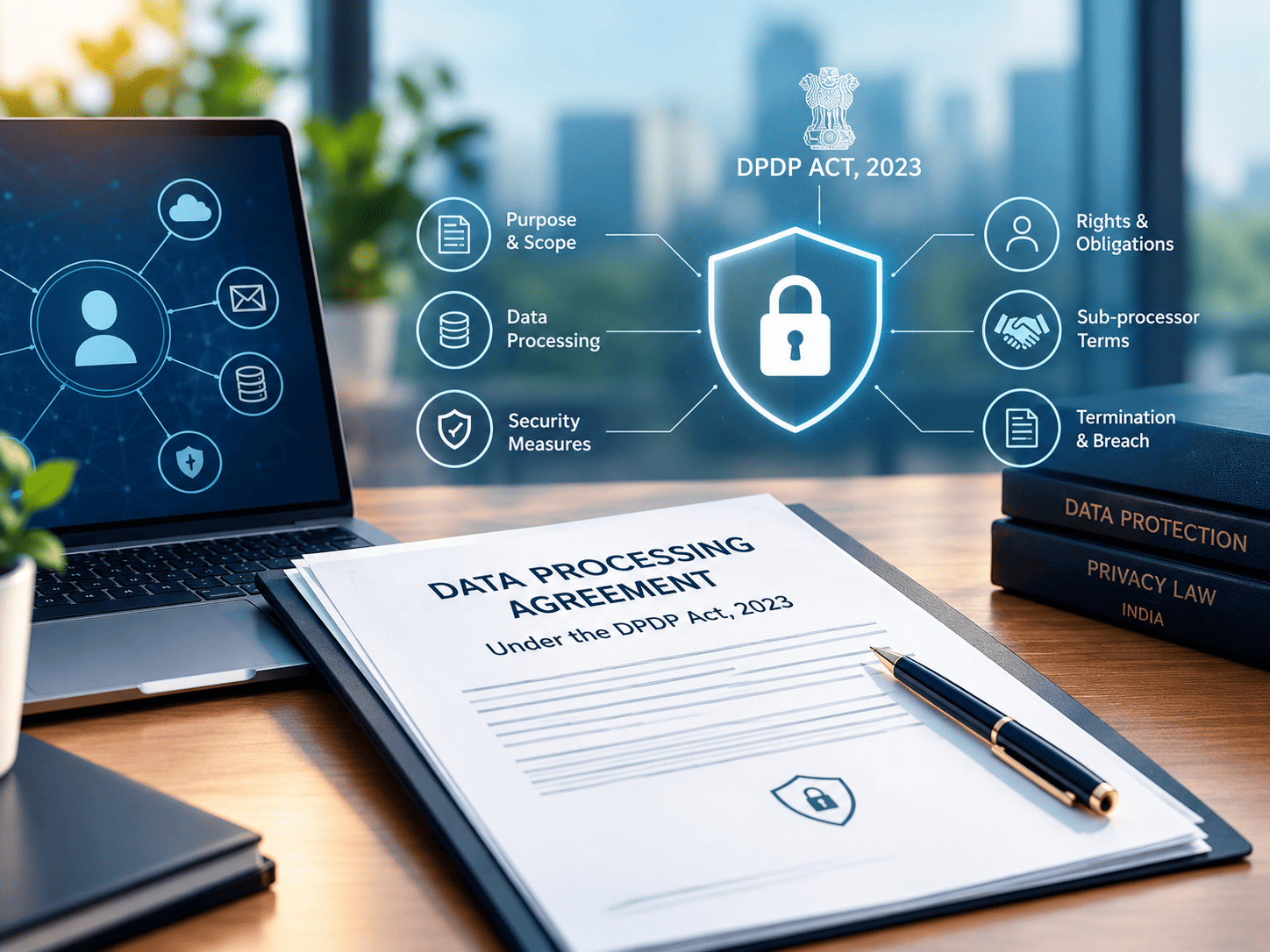Data Processing Agreement under the DPDP Act, 2023, highlighting data security, processing obligations, privacy rights and breach management in India.