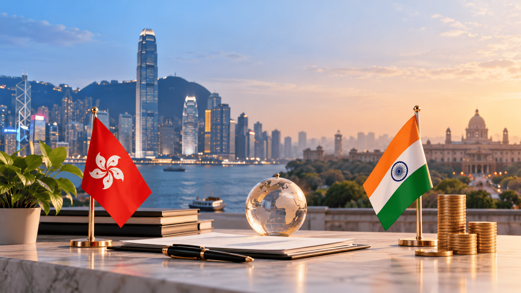 Hong Kong and Indian flags beside investment documents, a globe and coins, symbolizing investment from Hong Kong into India.