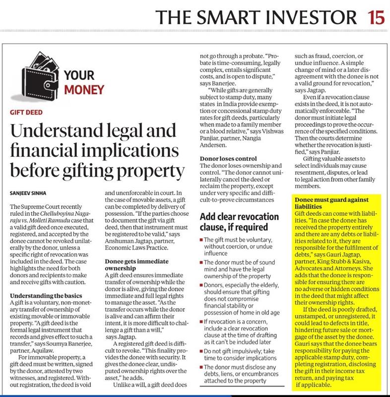 Gauri Jagtap Quoted in Business Standard on Legal & Financial Risks of Gifting Property