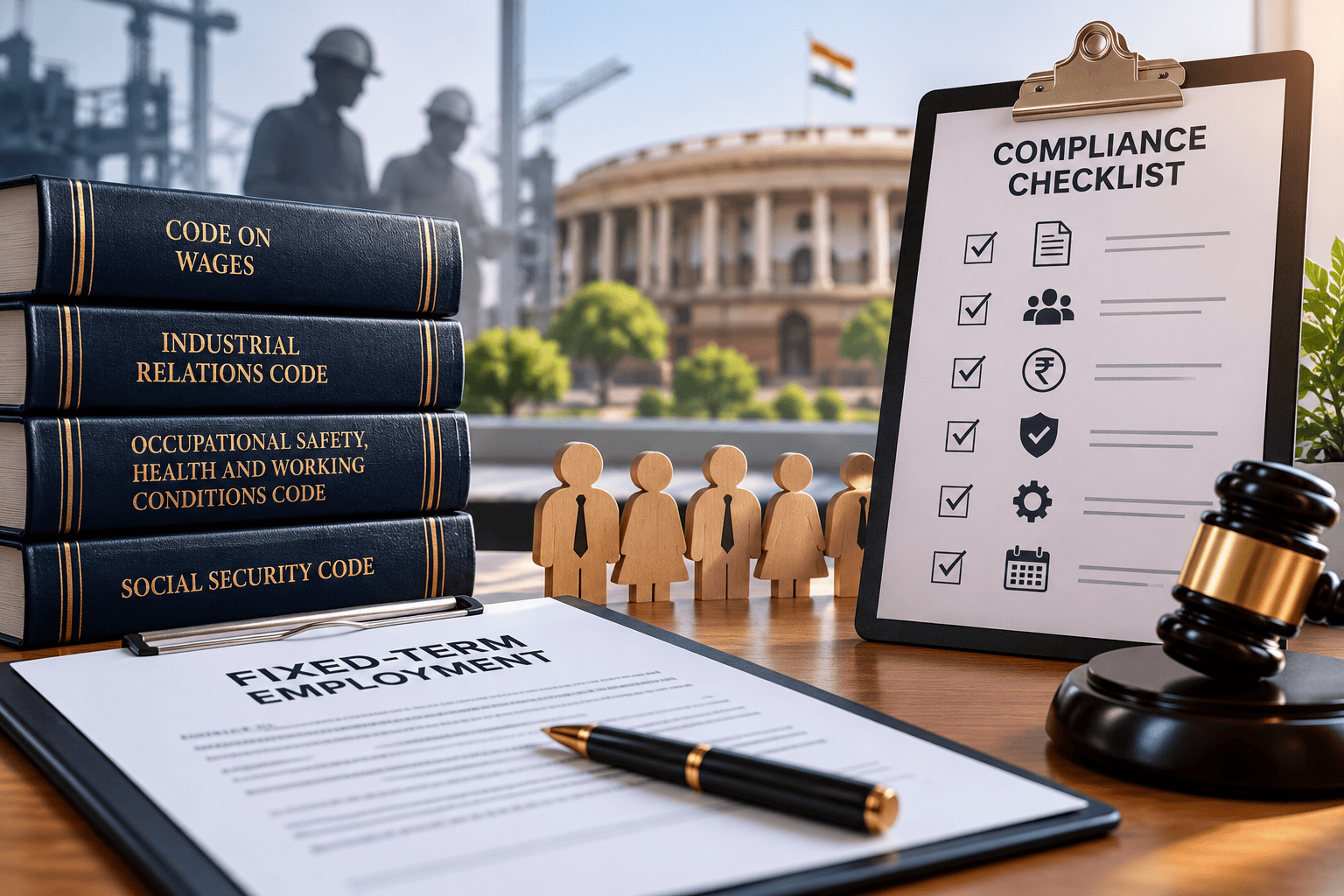 Fixed-term employment contract, Indian labour code books, employee figures, compliance checklist, and gavel representing employer compliance under India’s Labour Codes.