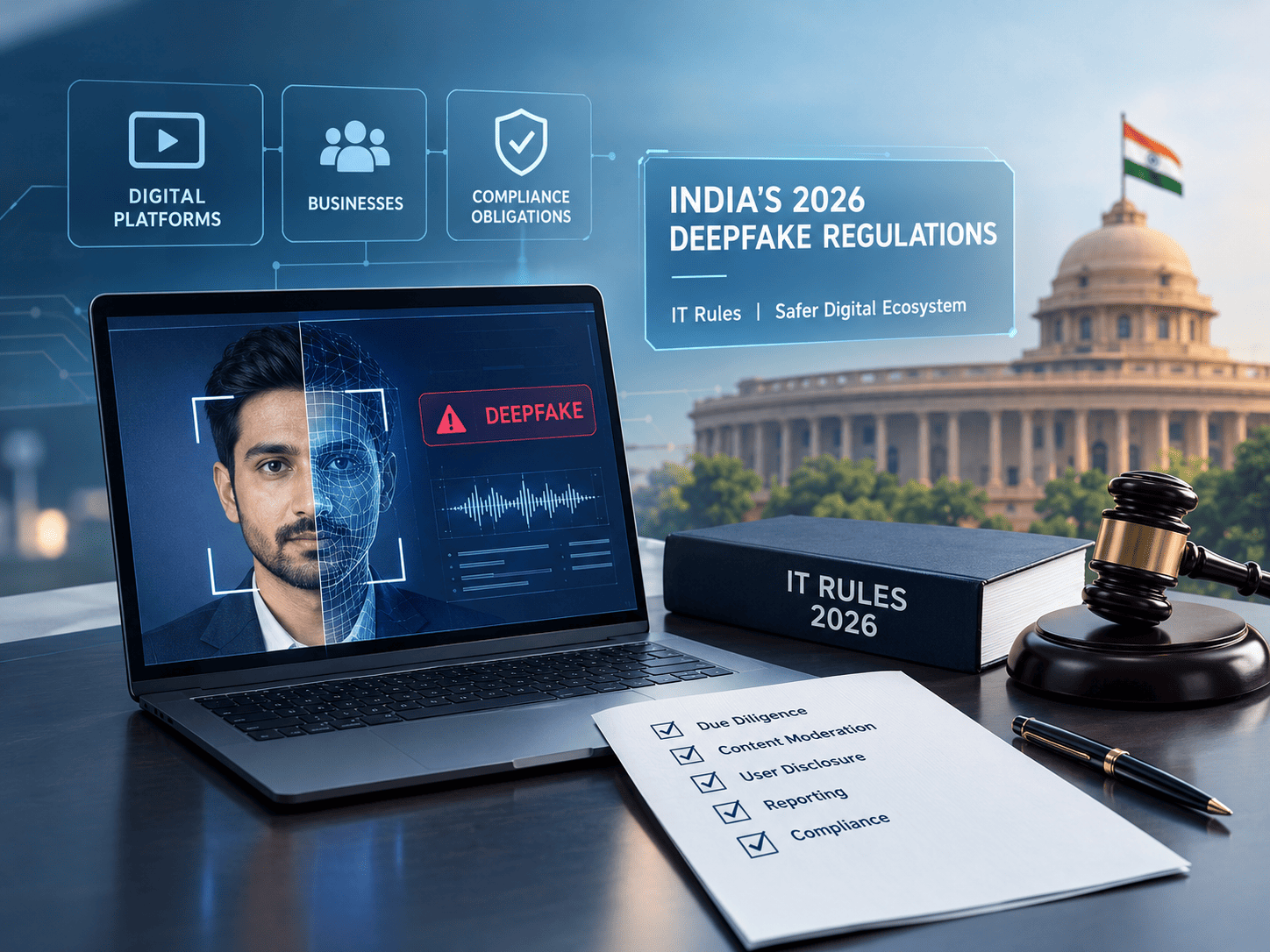 India’s 2026 deepfake regulations under IT Rules, highlighting digital platform compliance, business obligations, AI-generated content detection and legal safeguards.