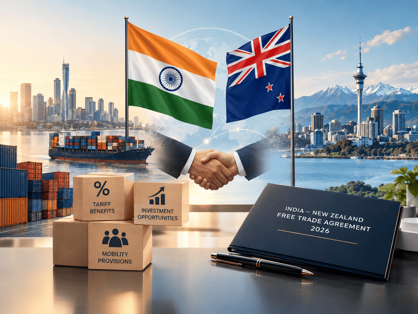 India–New Zealand Free Trade Agreement 2026 highlighting tariff benefits, investment opportunities, and mobility provisions for businesses.