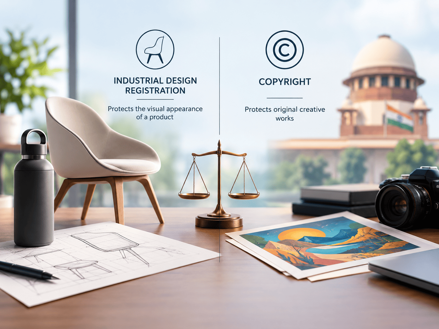 Industrial design registration vs copyright in India, comparing product appearance protection with original creative works.