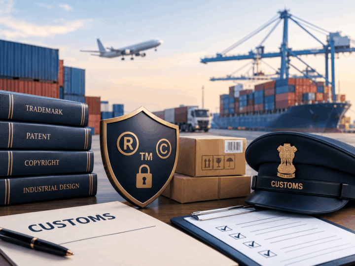 Customs recordation of intellectual property rights in India, featuring trademark protection, patent enforcement, and border control of counterfeit goods.