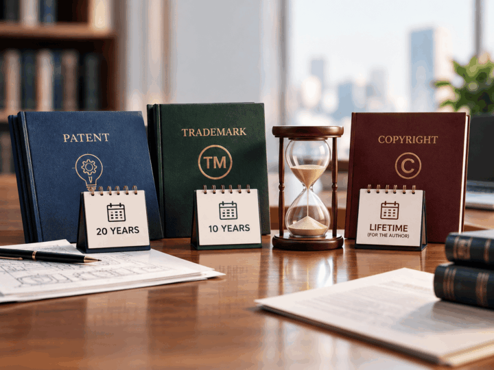 Patent, trademark and copyright protection terms represented with legal books, calendars and an hourglass.