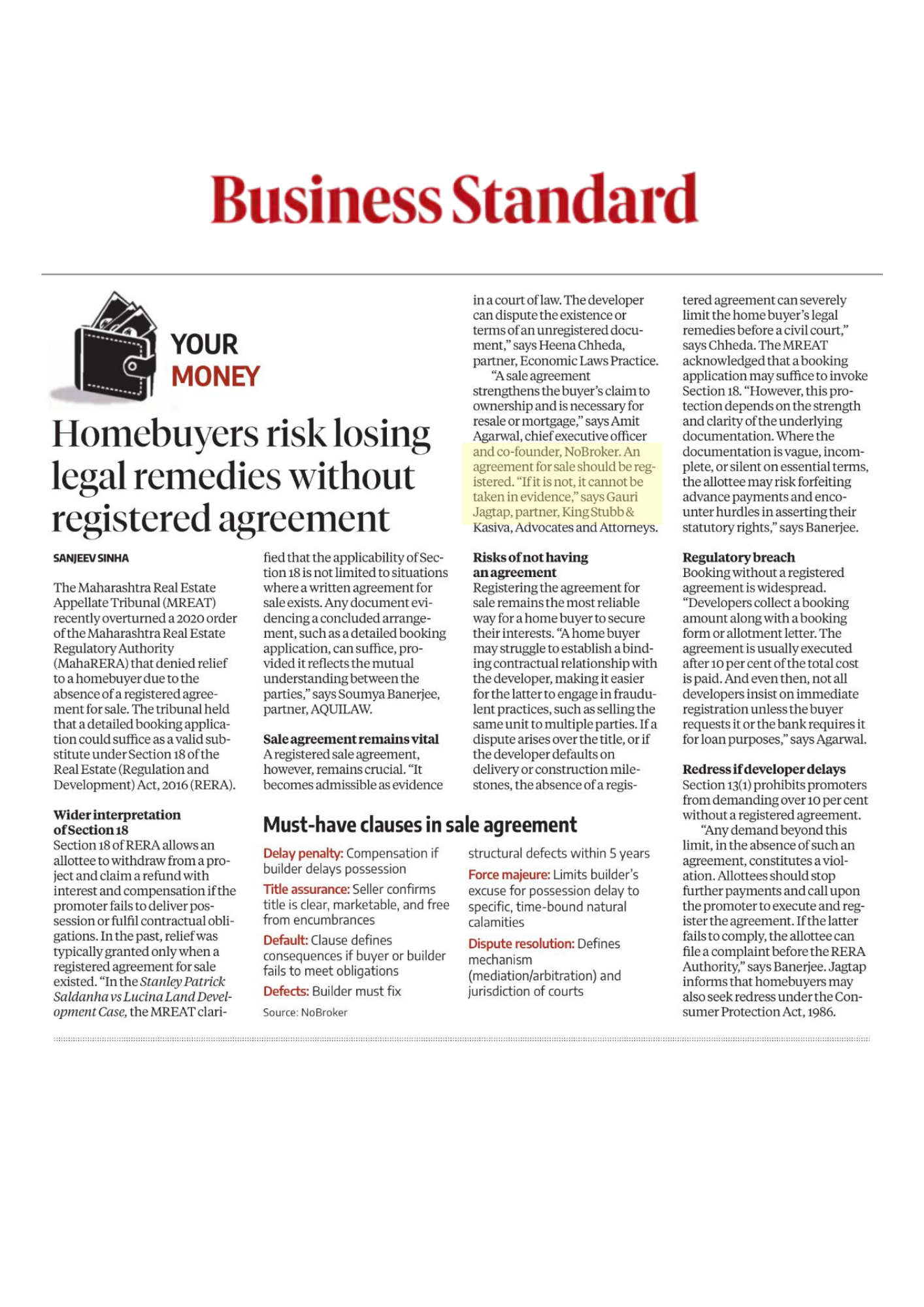 Gauri Vaidya Jagtap Highlights Legal Risks of Unregistered Agreements for Sale in Business Standard