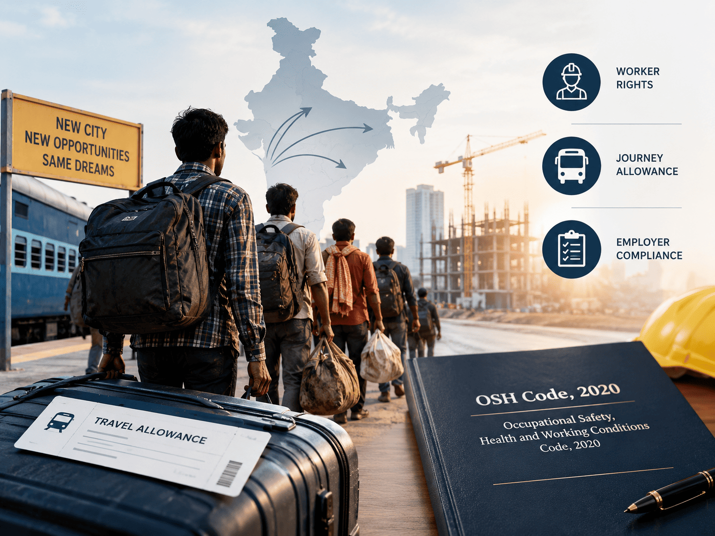 Inter-State Migrant Workers under India’s OSH Code, 2020, highlighting worker rights, journey allowance and employer compliance obligations.