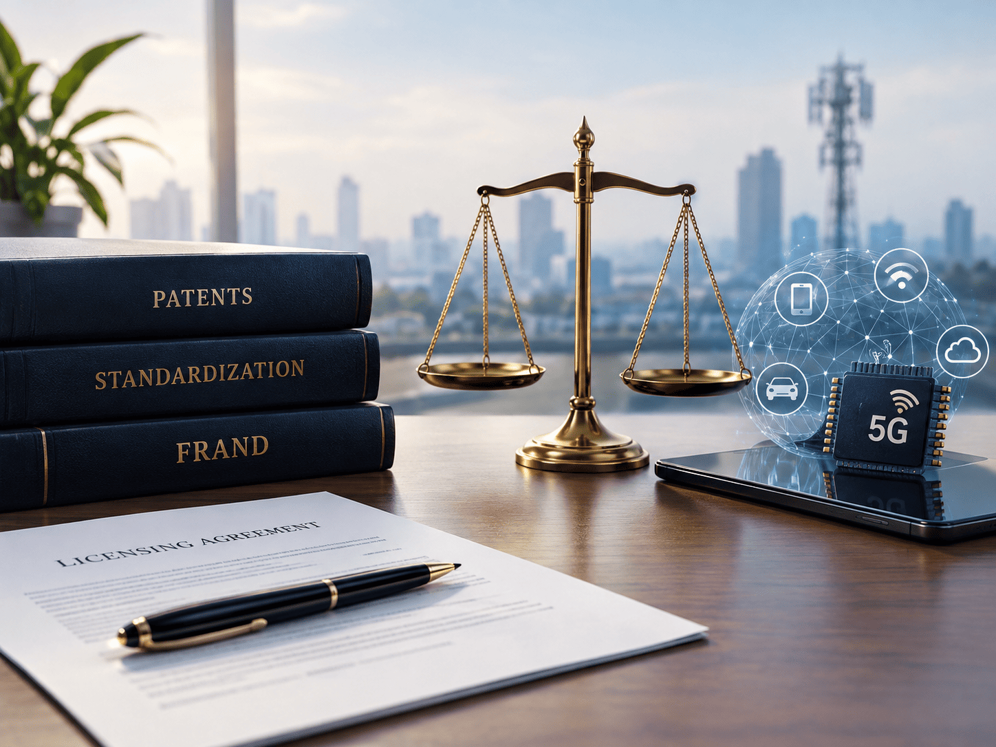 Standard essential patents and FRAND licensing represented by patents, legal scales, licensing agreement, and 5G technology.