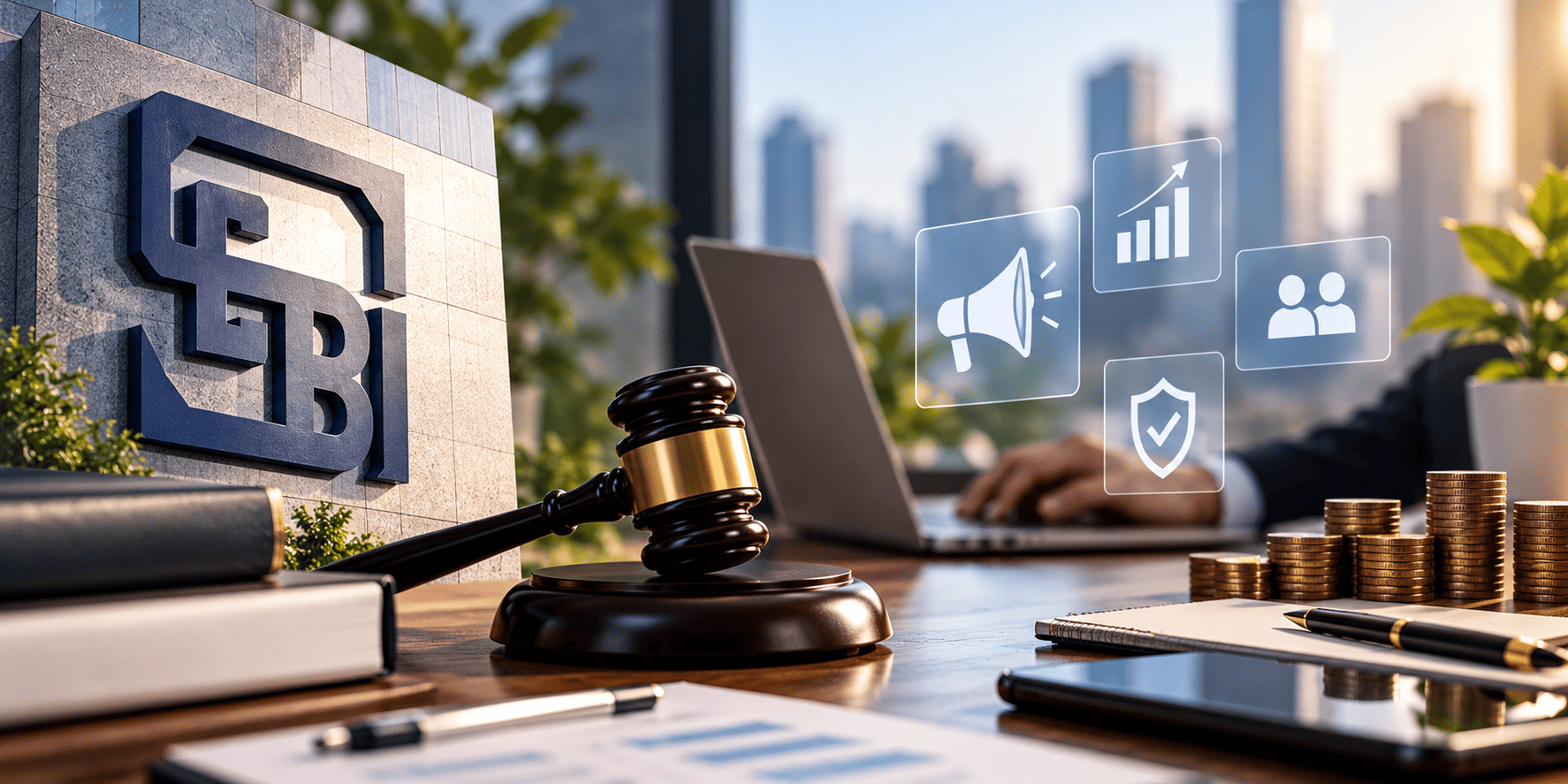 SEBI regulatory compliance concept with a gavel, financial documents, laptop, coins, and corporate office setting.