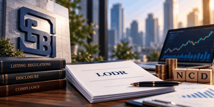 SEBI LODR compliance concept featuring regulatory documents, NCD blocks, financial charts, coins, and a corporate market setting.