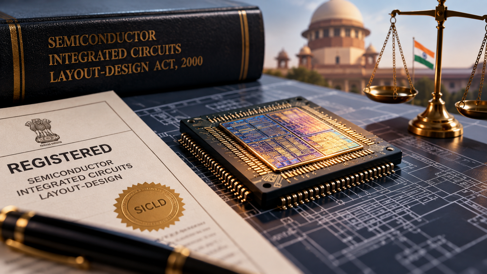 Semiconductor integrated circuit chip on a blueprint with a registered layout-design document, legal book, justice scale, and Supreme Court of India in the background.