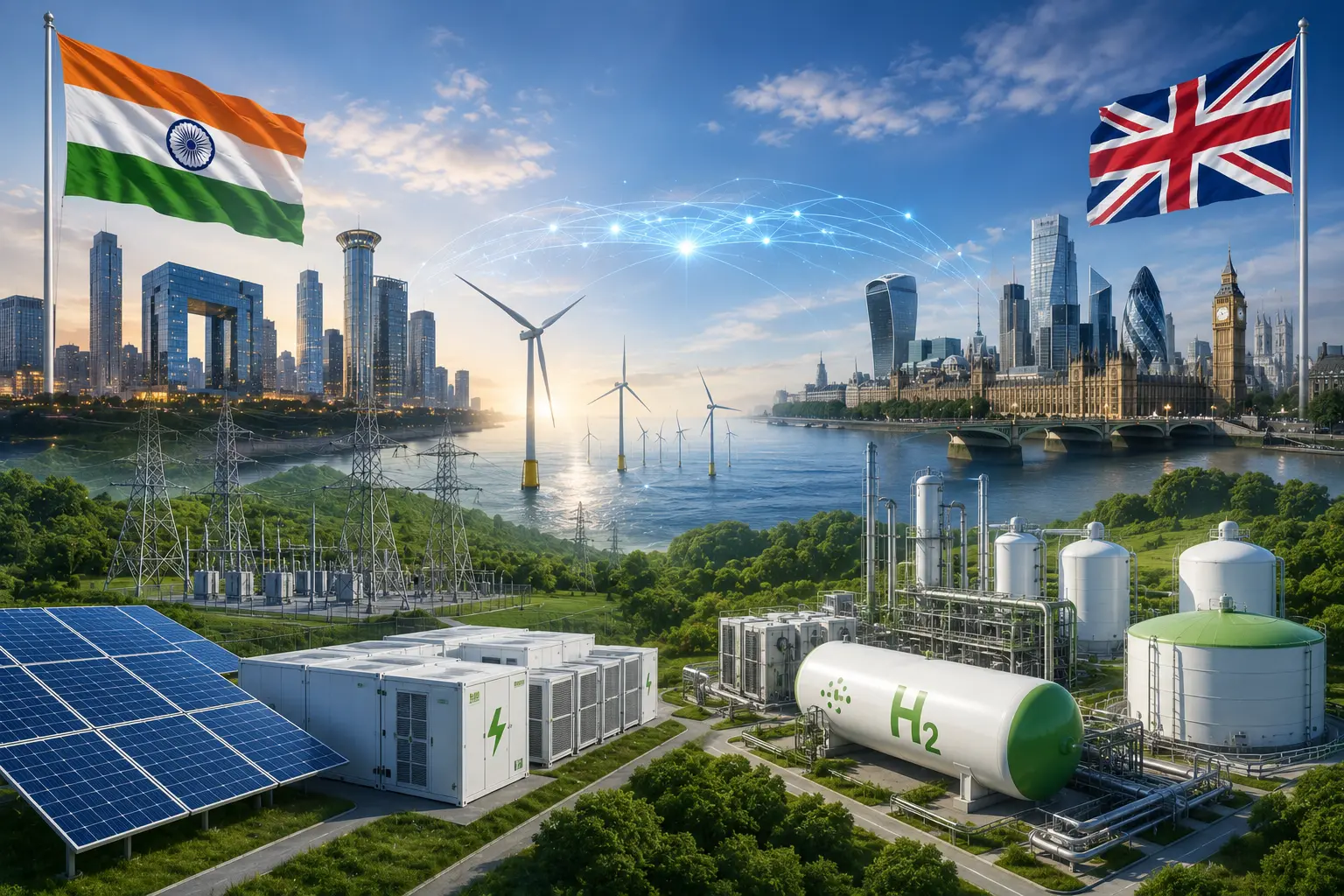 India UK FTA green economy — clean energy investment corridor with solar panels, wind turbines, battery storage and green hydrogen infrastructure connecting India and UK skylines