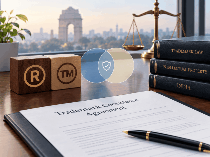 Trademark coexistence agreements in India, featuring legal documents, trademark symbols, and key considerations for brand protection and dispute prevention.