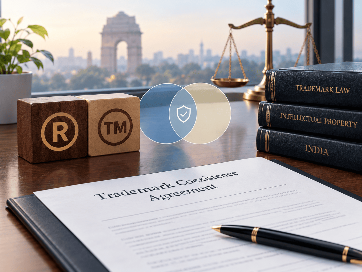 Trademark coexistence agreements in India, featuring legal documents, trademark symbols, and key considerations for brand protection and dispute prevention.