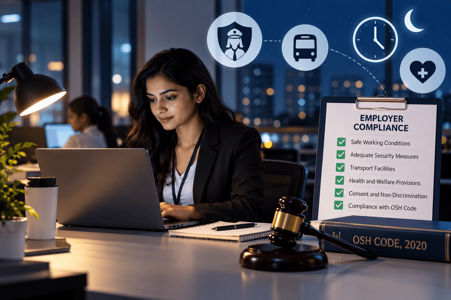 Woman working a night shift in an office with an employer compliance checklist, security, transport, health, and OSH Code 2020 symbols.