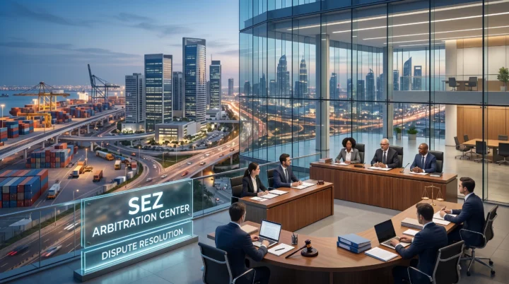 Scales of justice balanced between a modern SEZ skyline and a government courthouse, symbolizing arbitration autonomy vs over