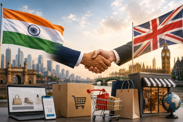 India-UK trade partnership symbolised by a handshake between flags, e-commerce shopping, retail storefront, delivery packages and shopping cart.
