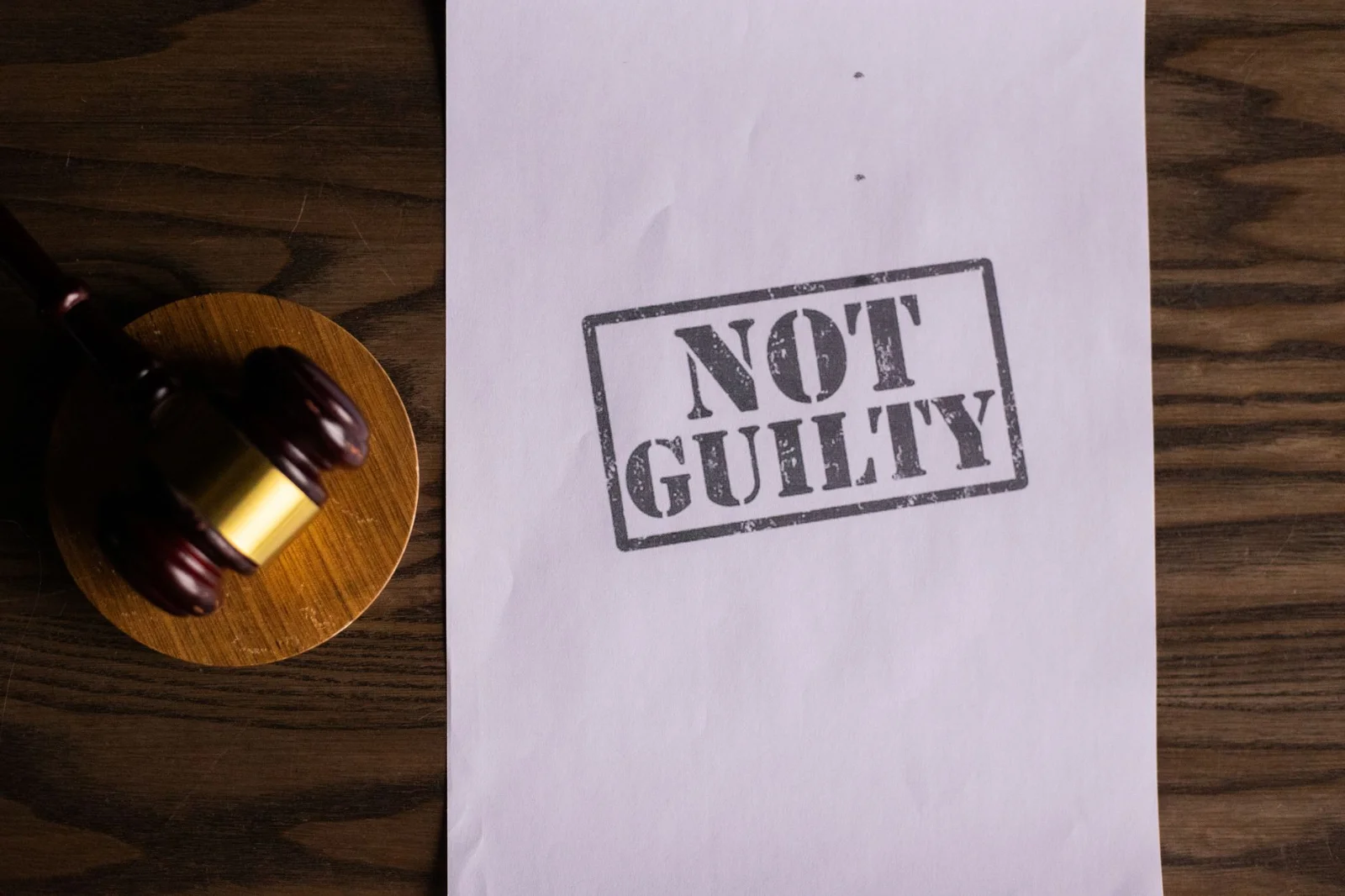 Criminal Proceedings Cannot Be Used to - A courtroom document labeled 'Not Guilty' beside a gavel symbolizes justice.
