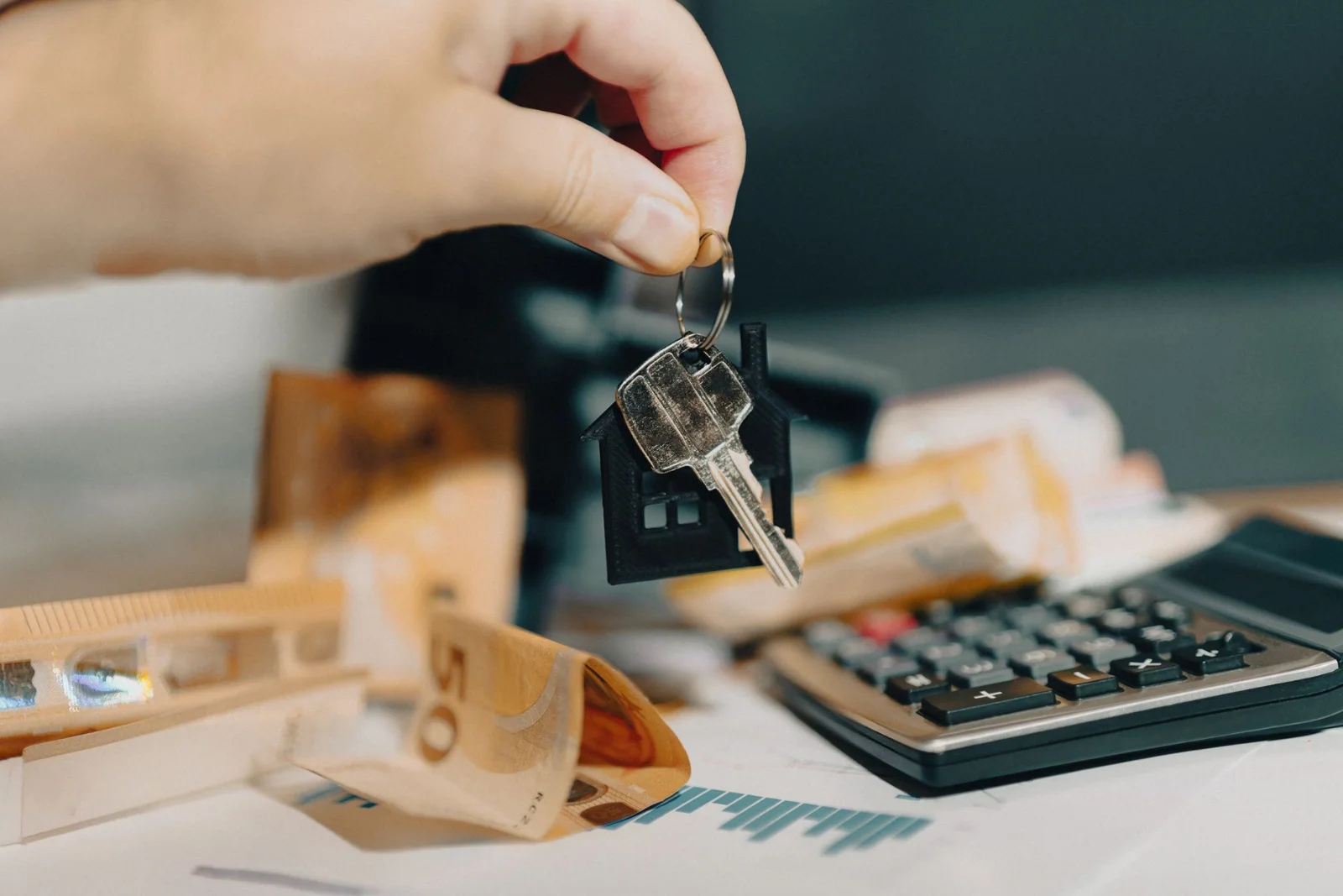 From Informal Tenancies to Digital Compliance: - Close-up of a hand holding keys over euros and calculator, symbolizing real