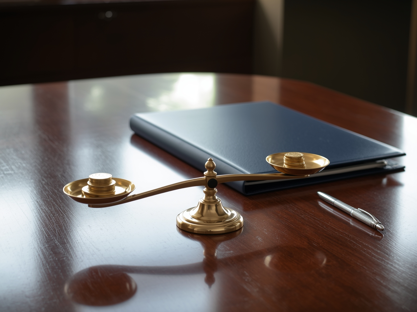 Brass balance scale holding stacks of gold coins beside a navy leather folder and pen on a walnut desk