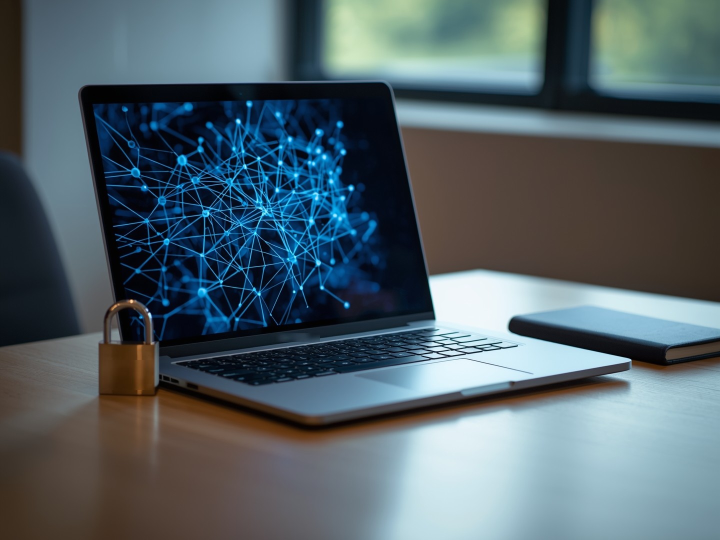 Laptop showing an abstract neural network beside a brass padlock on an office desk