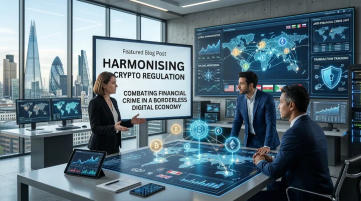 Global crypto regulation concept with digital blockchain network, financial compliance icons, and interconnected world map