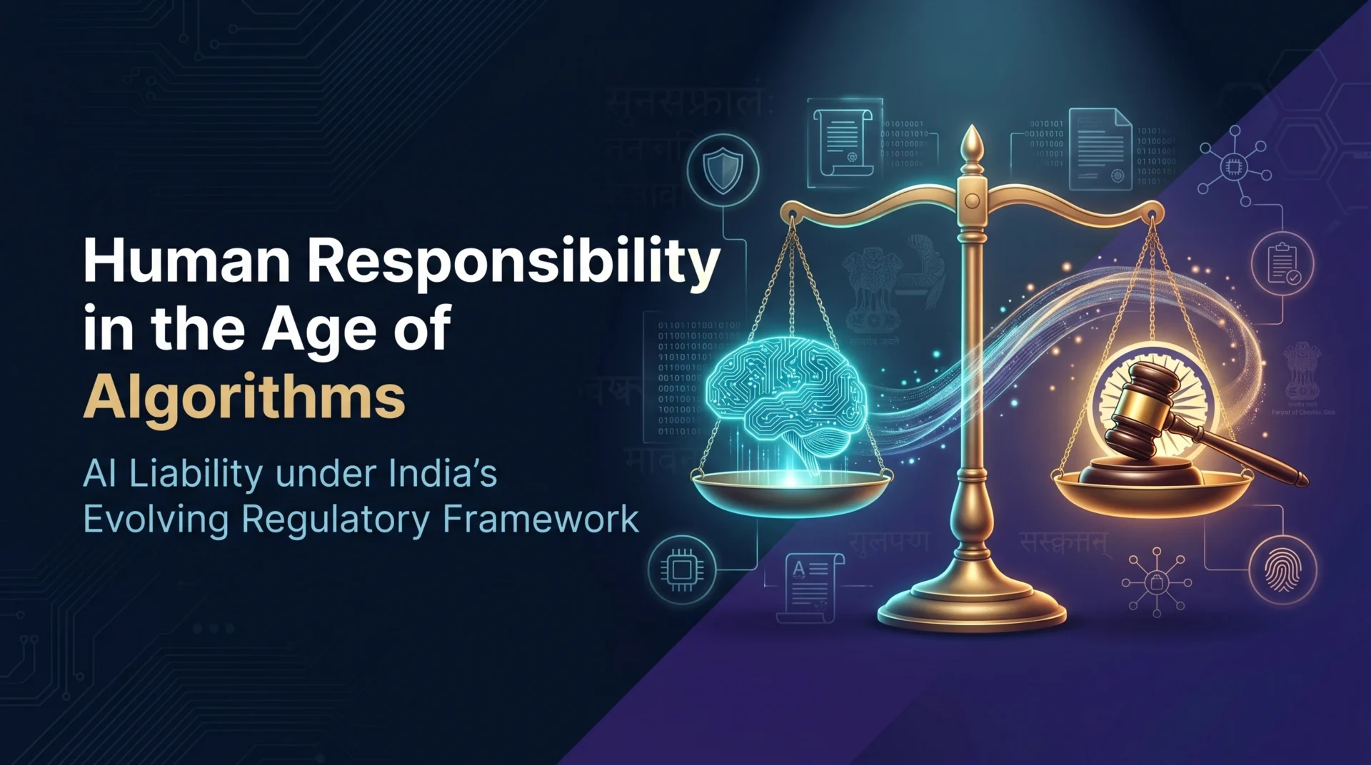 Legal-tech banner blending AI and Indian jurisprudence, illustrating human accountability and liability in India's evolving r