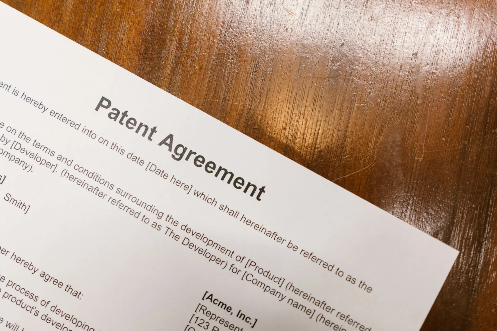 India: Jan Vishwas and Intellectual Property - Detailed close-up of a patent agreement document on a polished wooden table.