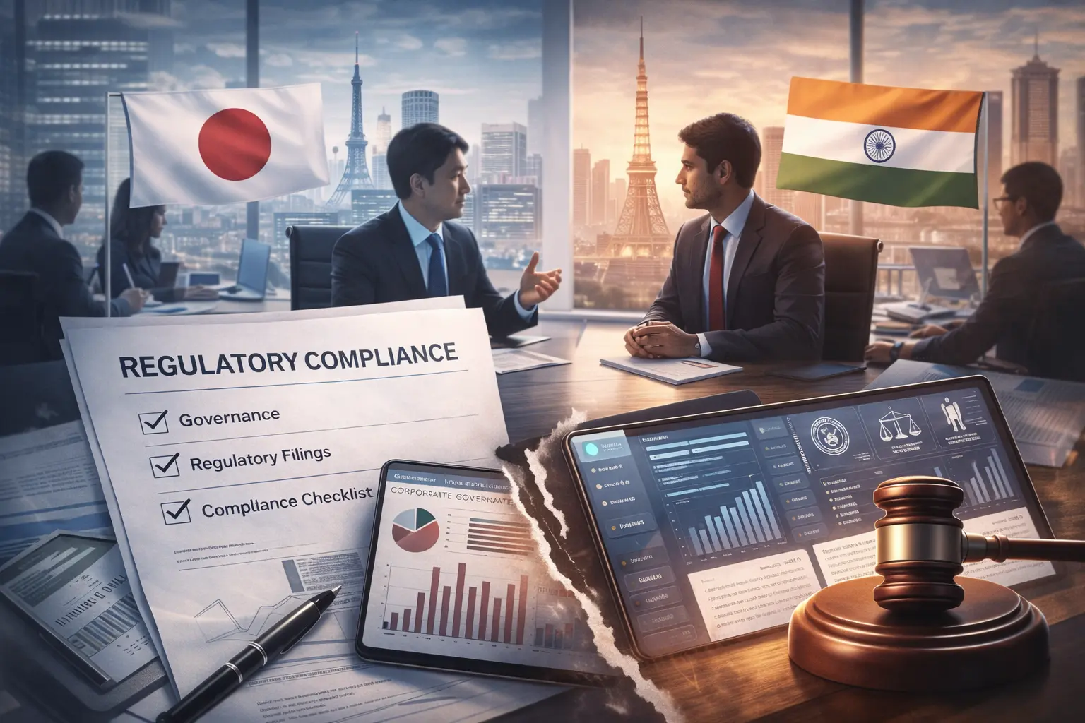 Indian and Japanese flags representing bilateral legal and trade relations