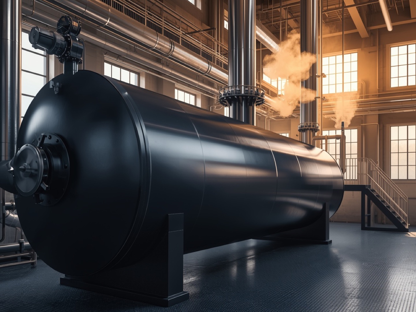 Industrial boiler house with a large steel boiler and pipework, illustrating the Indian Boiler Regulations 2026