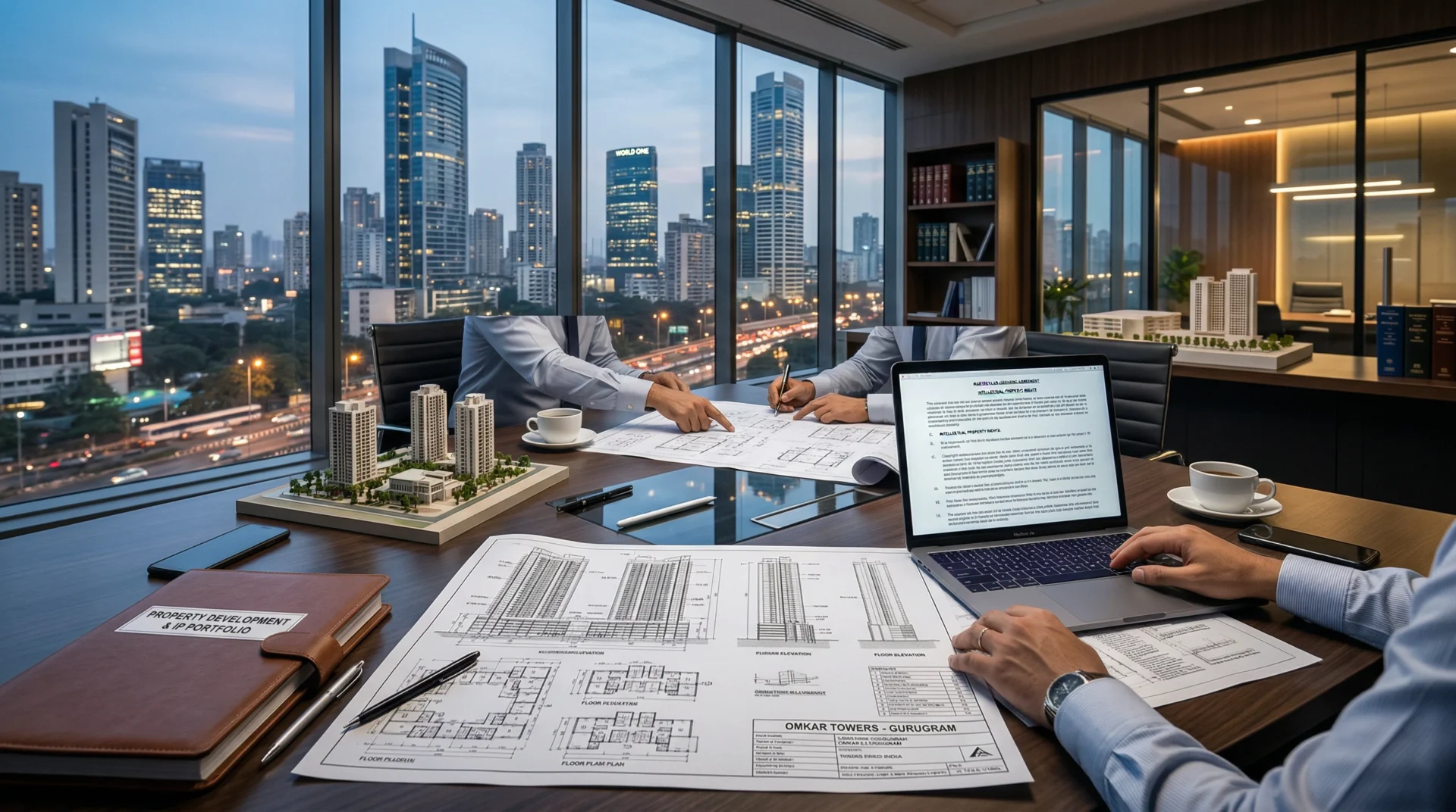 Legal documents, property blueprints, and IP symbols on a desk representing intellectual property rights in real estate trans