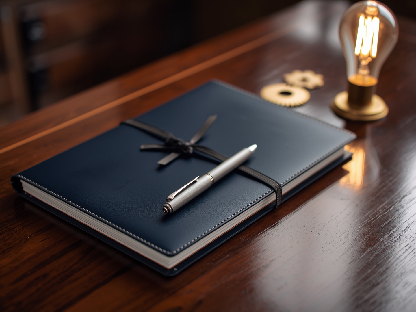 Navy leather folder and pen on a walnut desk beside brass gears and a glowing light bulb