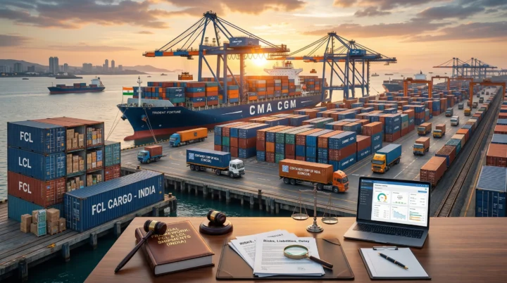 Legal framework for FCL and LCL shipments in India featuring shipping containers, legal scales, and insurance documents