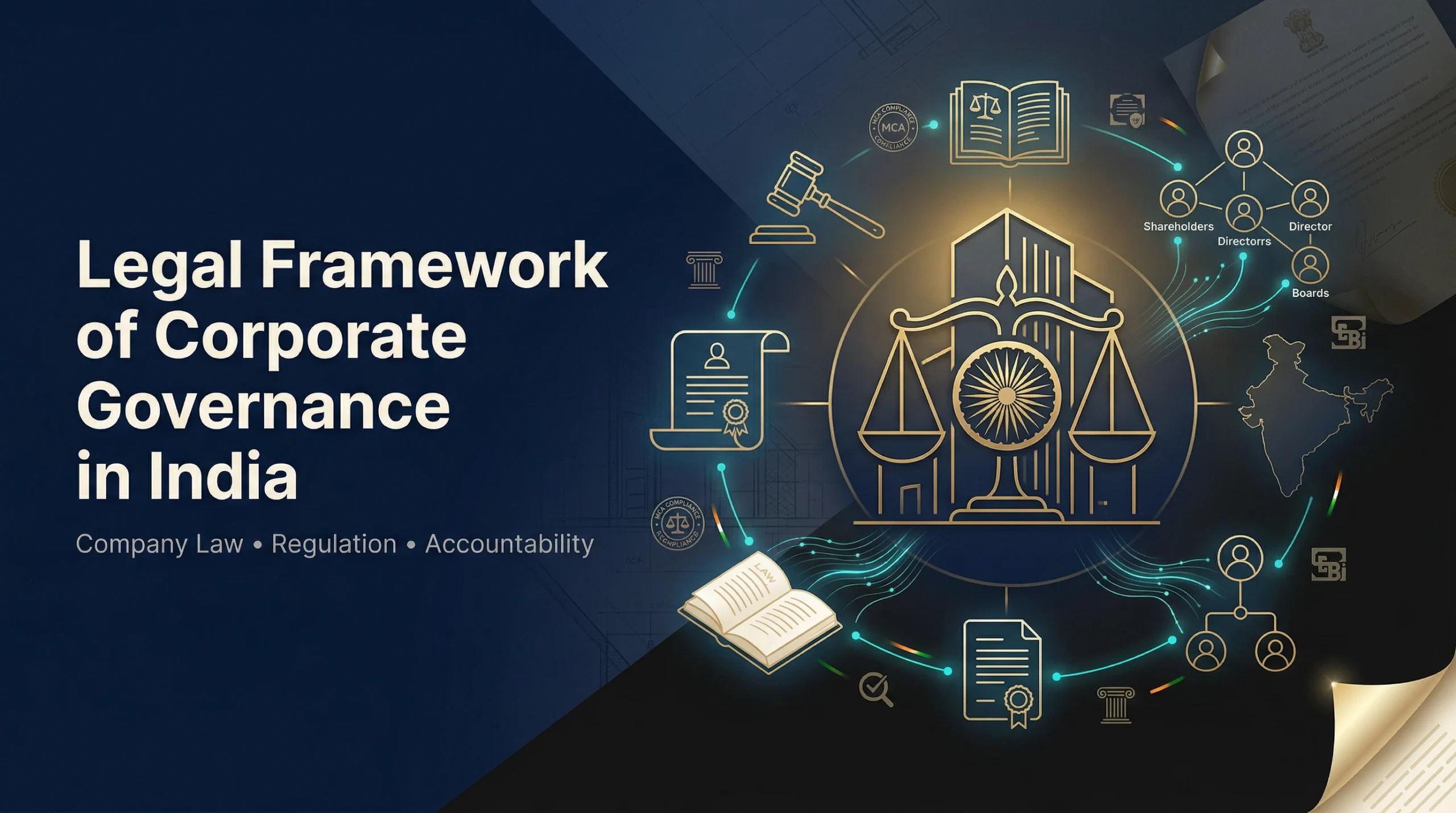Premium banner depicting India's corporate governance legal framework with regulatory authority and structural excellence.