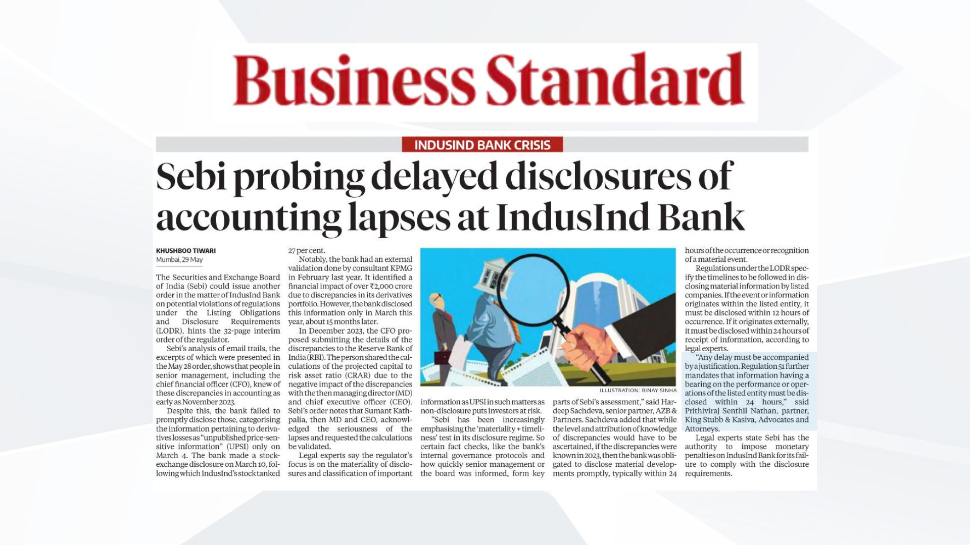 Prithiviraj Quoted in Business Standard on SEBI’s Probe into IndusInd Bank