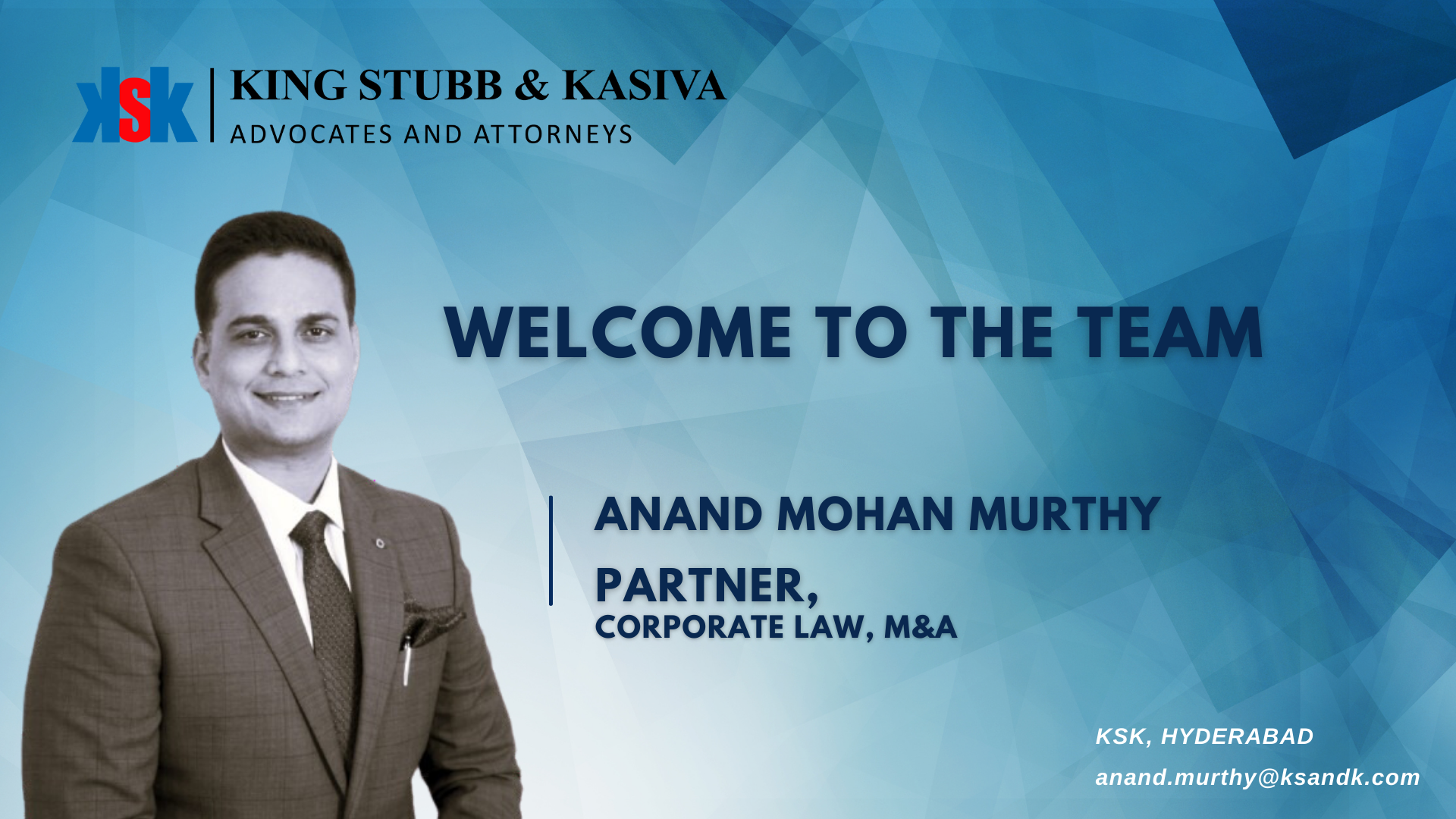 KSK Welcomes Anand Mohan Murthy as Partner, Corporate Law and M&A, in Hyderabad Office