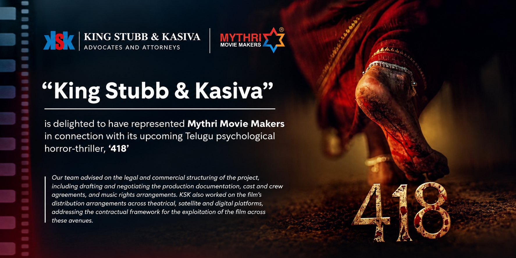 King Stubb & Kasiva banner announcing its role for Mythri Movie Makers on the Telugu film 418