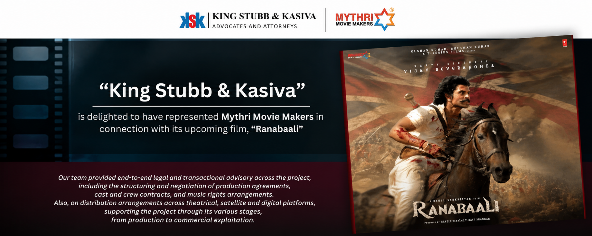 King Stubb & Kasiva banner announcing its role for Mythri Movie Makers on the film Ranabaali