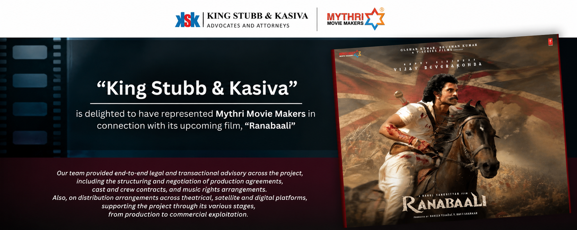 King Stubb & Kasiva banner announcing its role for Mythri Movie Makers on the film Ranabaali