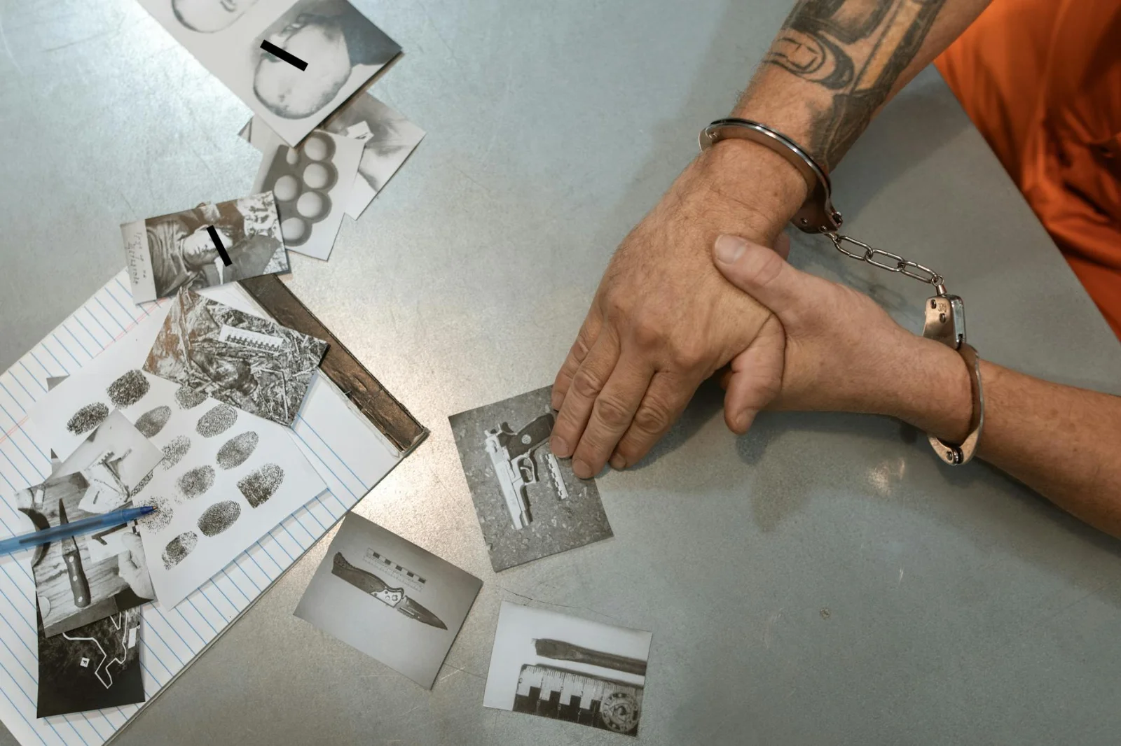 Reconsidering Compromise and FIR Registration: A - A handcuffed individual examines evidence photos and documents during an i