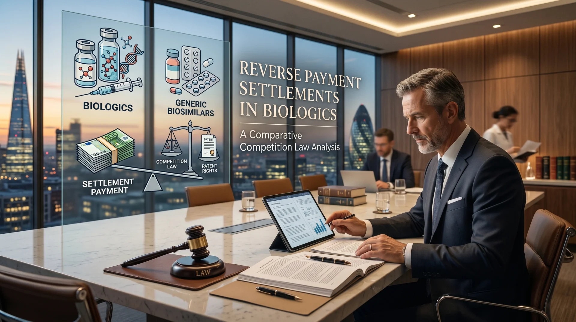 Scales of justice balancing biologic drug vials and legal documents, symbolizing competition law analysis of reverse payment