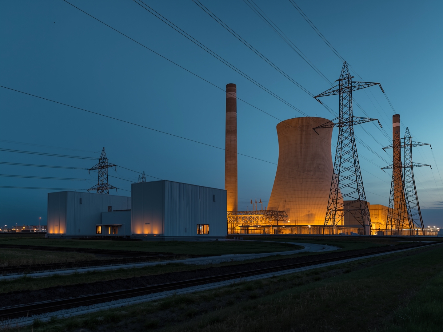 Small modular nuclear reactor facility with power transmission lines at dusk