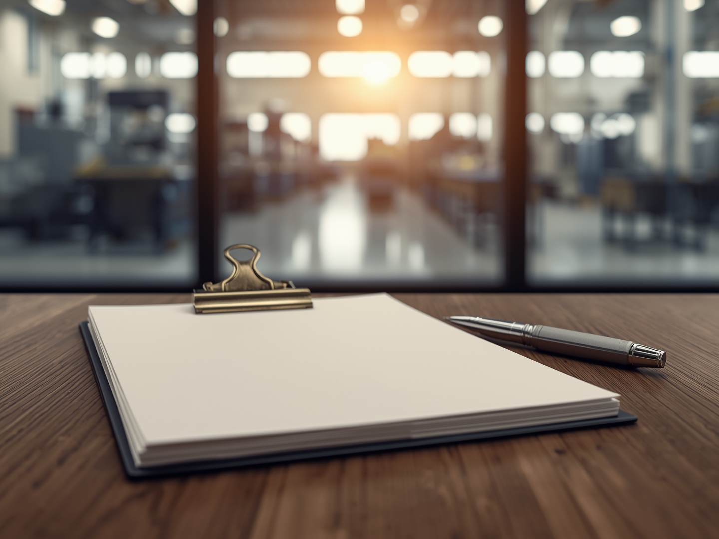 Blank papers held by a brass binder clip and a pen on a wooden desk, with a factory floor behind the glass