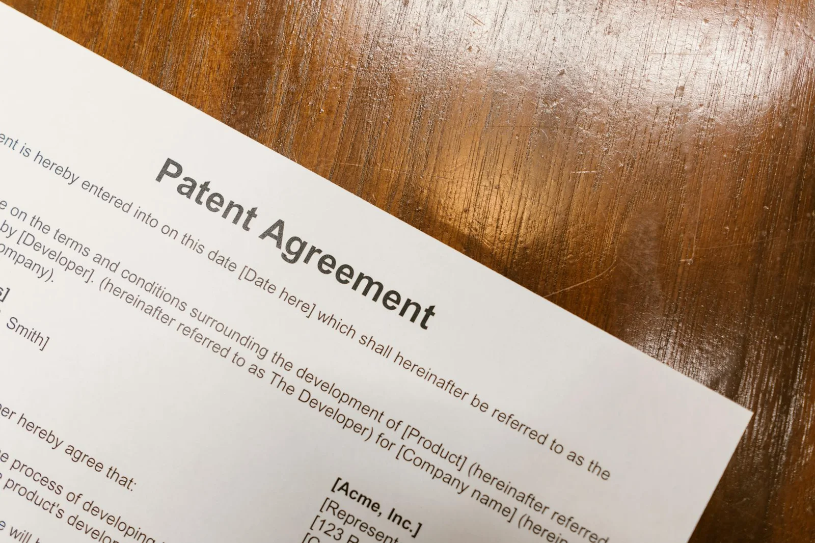 dabus patent application india - AI - Detailed close-up of a patent agreement document on a polished wooden table.