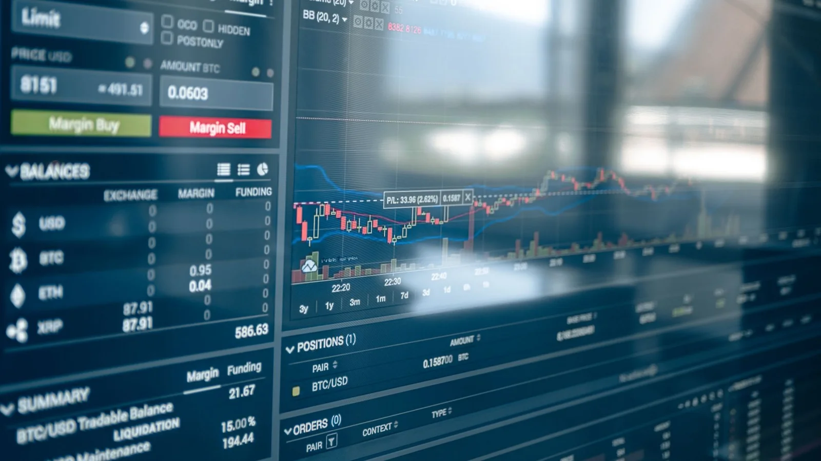title due diligence india united states - Close-up of a digital screen displaying stock trading graphs and cryptocurrency val