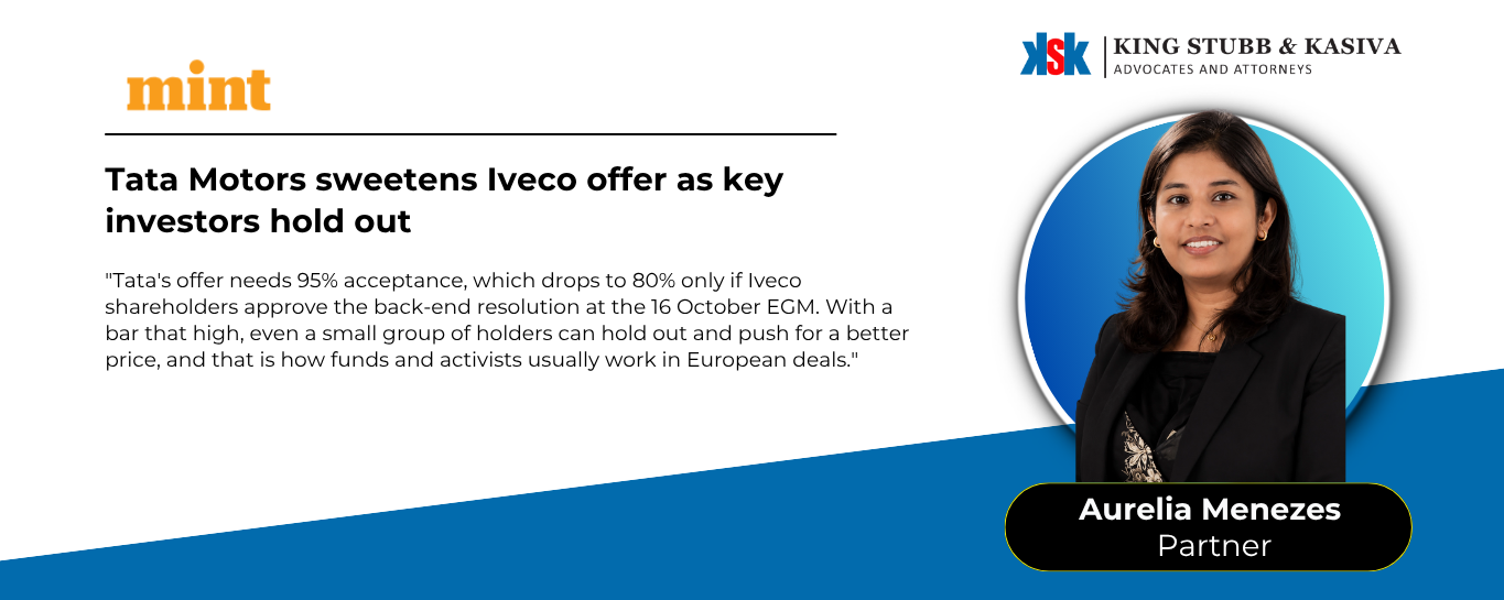 Aurelia Menezes of King Stubb & Kasiva quoted in Mint on Tata Motors' revised offer for Iveco