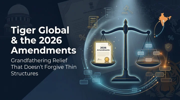 Premium 16:9 banner depicting international tax law, cross-border investment, and India's 2026 grandfathering amendments for
